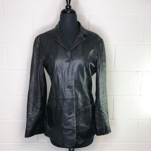 Vintage Black Leather Blazer Mob Wife 3 Button Two Pocket Front